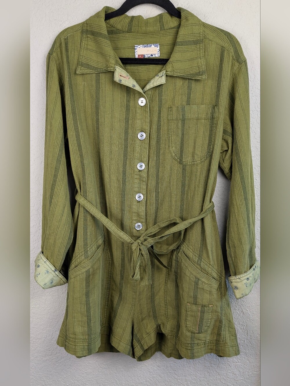 Anthropologie Pilcro Woven Romper M Linen Cotton Moss Green Stripes LS Excellent